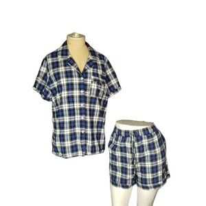 EKOUAER Pajamas Top & Shorts Set Blue Sleepwear Flannel 95% Cotton Size Large